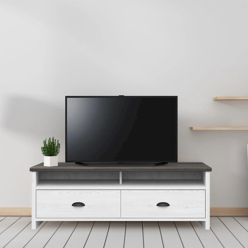 Modern 50" TV Stand, Whitewash Base & Dark Grey Top, 2 Drawers, Metal Glides