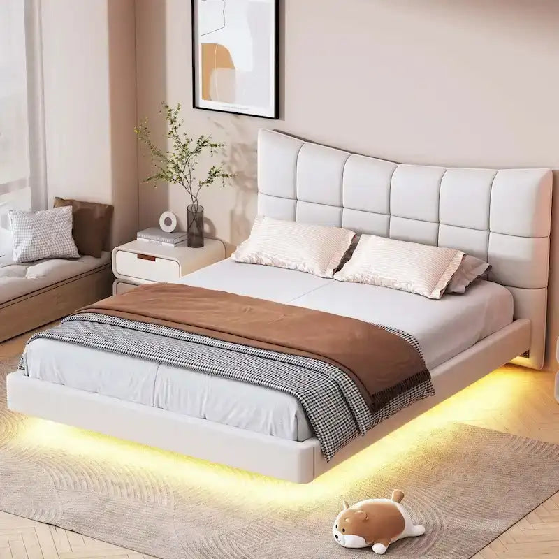 Full Size Upholstered Platform Bed with LED Lights and USB Ports