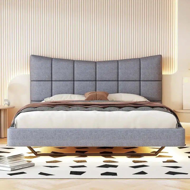 Full Size Upholstered Platform Bed with LED Lights and USB Ports