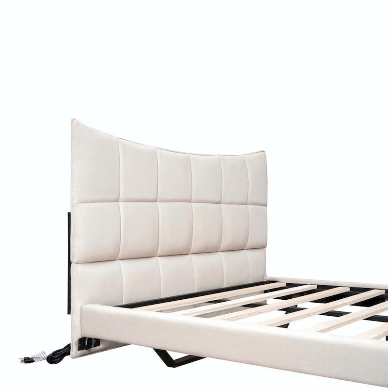 Full Size Upholstered Platform Bed with LED Lights and USB Ports