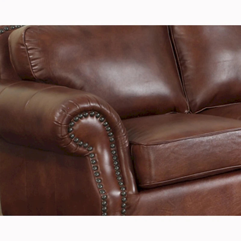 2-Piece Distressed Top-Grain Italian Leather Sofa & Chair Set, Hardwood Frame, Brass Studs