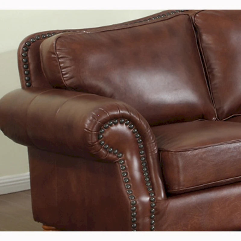 2-Piece Distressed Top-Grain Italian Leather Sofa & Chair Set, Hardwood Frame, Brass Studs