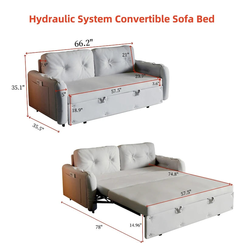 66.2 Queen Pull Out Sofa Bed with Storage and 2 Soft Pillows