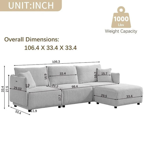 106" Modular Corduroy Sectional Sofa, Multi-Piece Combination, Modern Minimalist Style