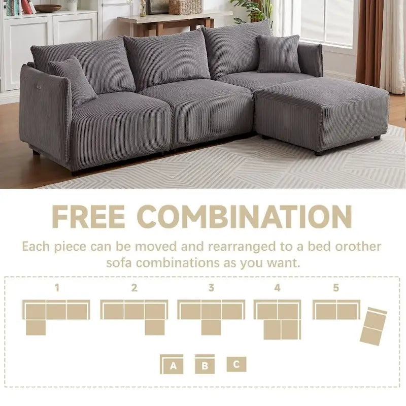 106" Modular Corduroy Sectional Sofa, Multi-Piece Combination, Modern Minimalist Style