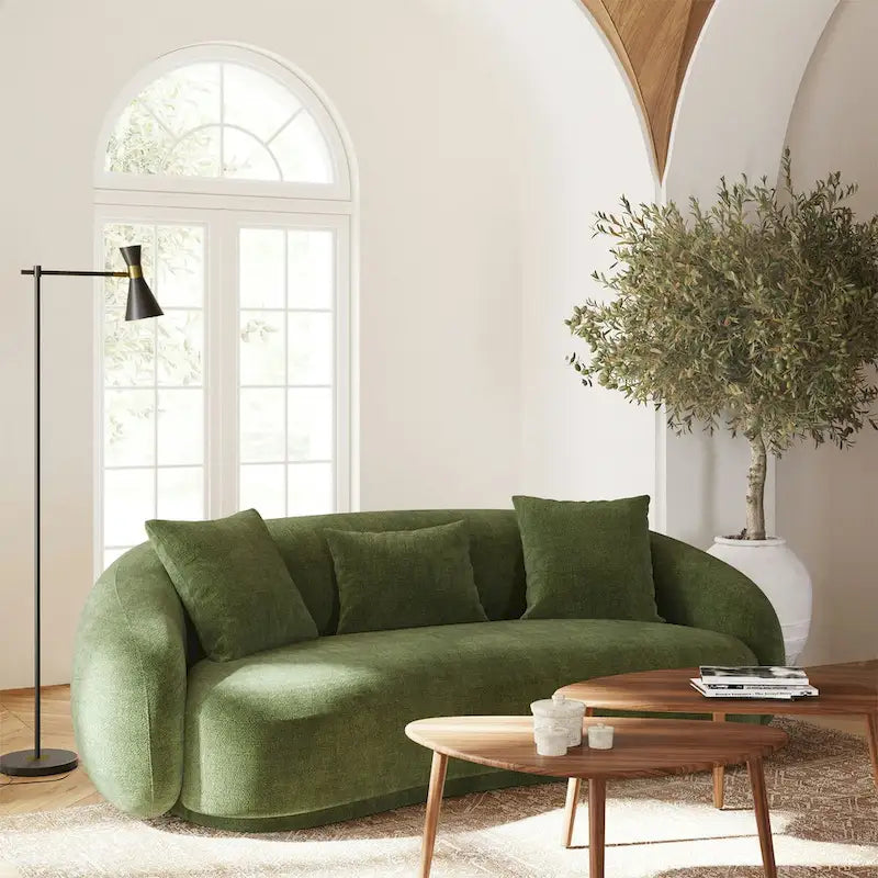 Modern Curved Fabric Sofa, Fixed Cushions, Sinuous Spring Support, 90"W