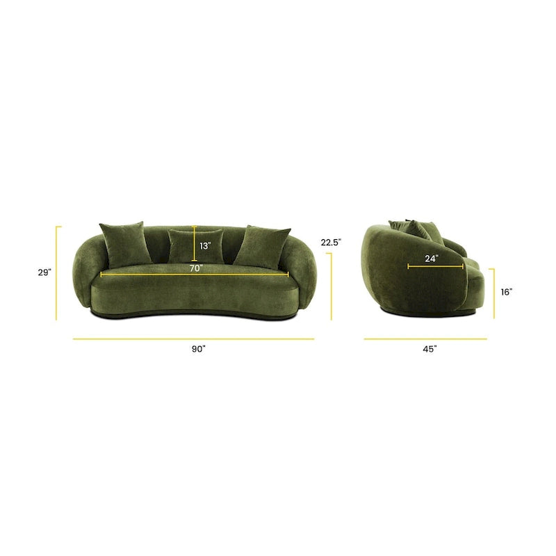 Modern Curved Fabric Sofa, Fixed Cushions, Sinuous Spring Support, 90"W