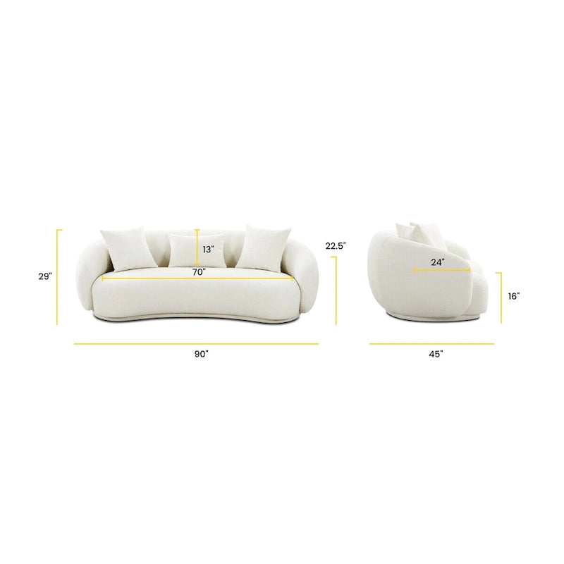 Modern Curved Fabric Sofa, Fixed Cushions, Sinuous Spring Support, 90"W
