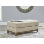 Transitional Upholstered Ottoman with Plush Cushion & Faux Wood Trim, 44"W