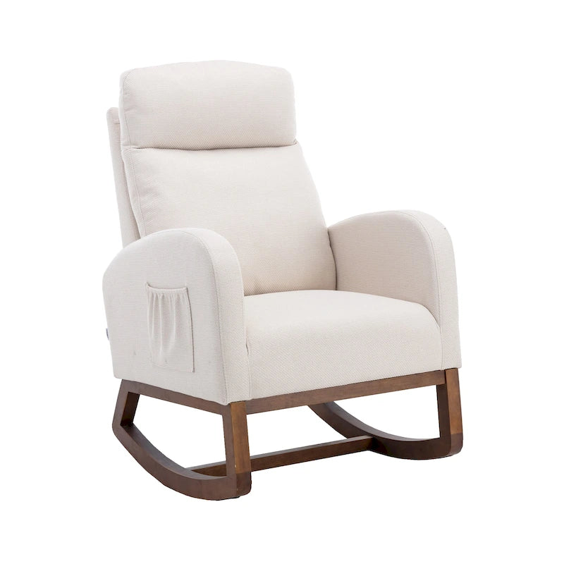 Mid-Century Modern Upholstered Rocking Chair, High Back, Solid Wood Frame, 300 lbs