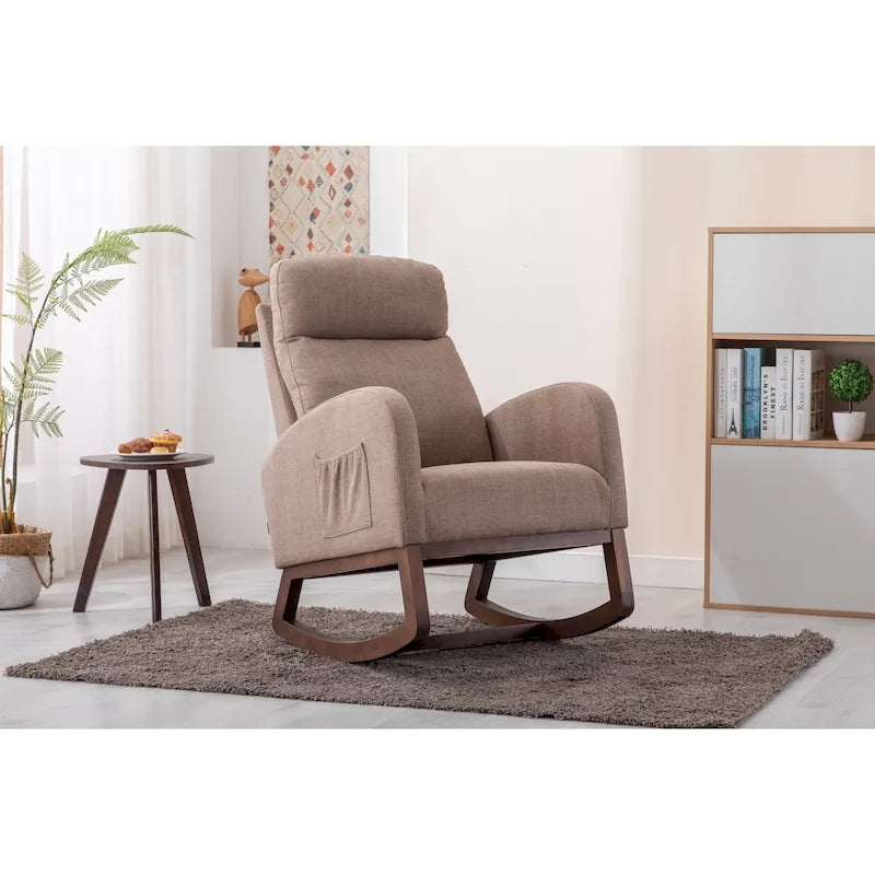 Mid-Century Modern Upholstered Rocking Chair, High Back, Solid Wood Frame, 300 lbs
