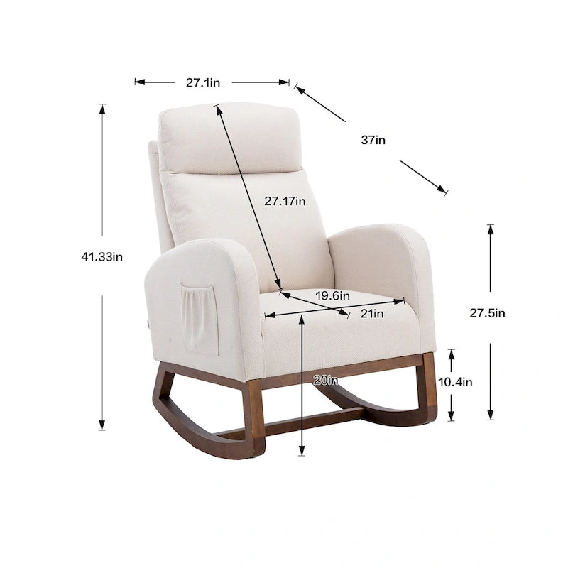 Mid-Century Modern Upholstered Rocking Chair, High Back, Solid Wood Frame, 300 lbs