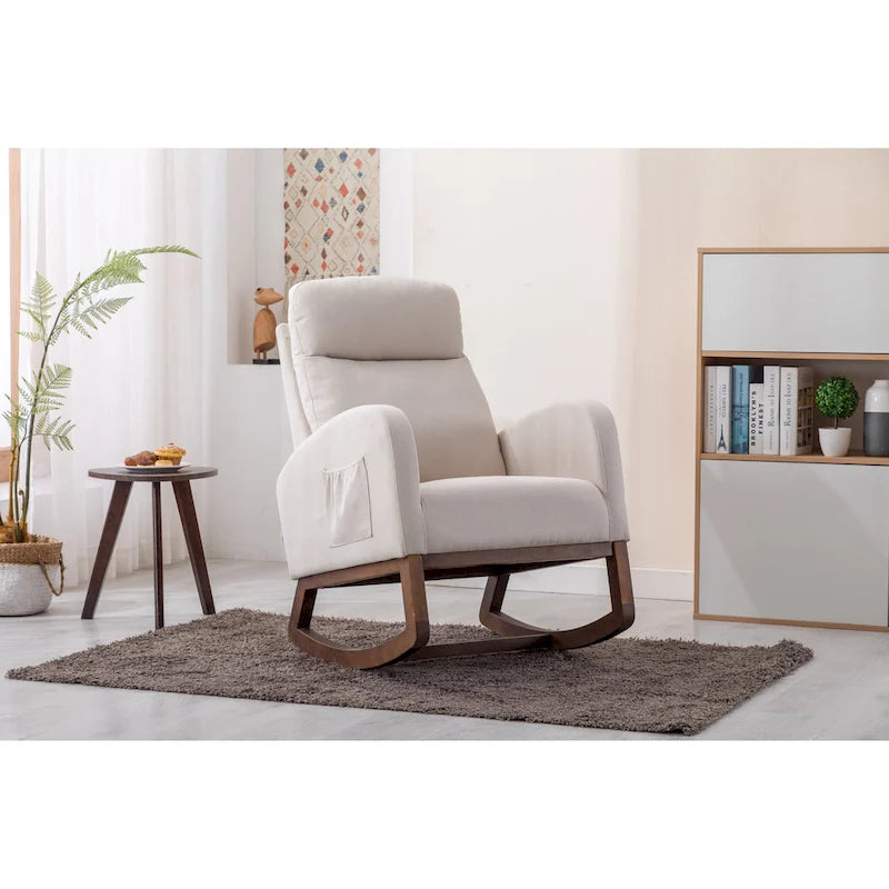 Mid-Century Modern Upholstered Rocking Chair, High Back, Solid Wood Frame, 300 lbs