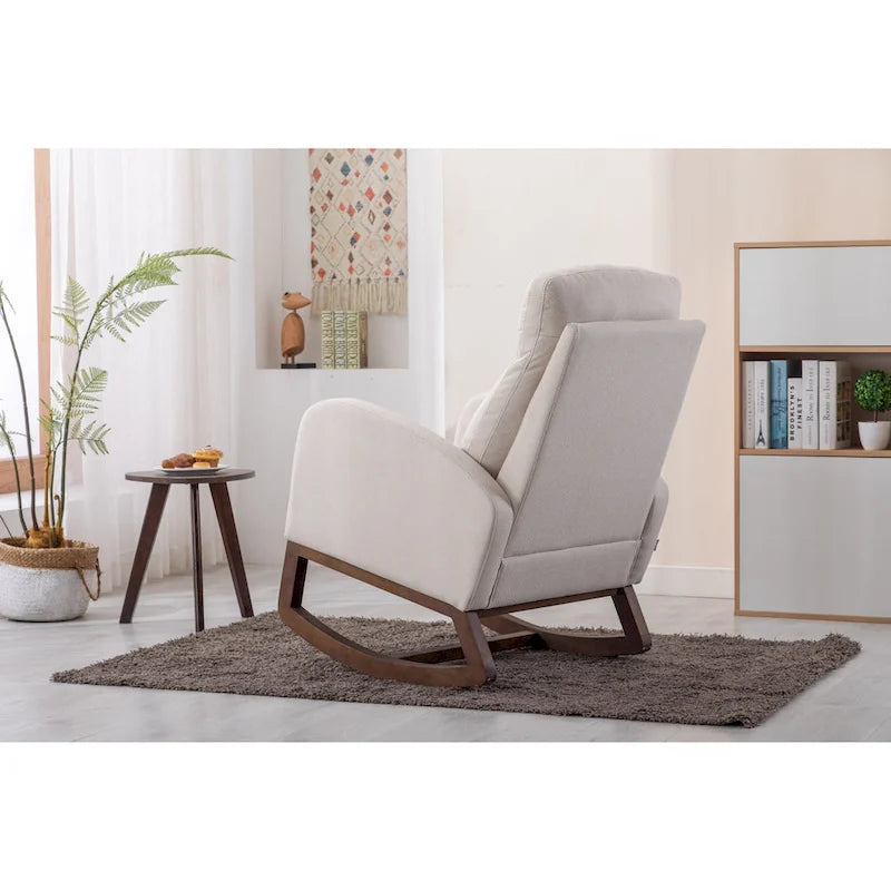 Mid-Century Modern Upholstered Rocking Chair, High Back, Solid Wood Frame, 300 lbs