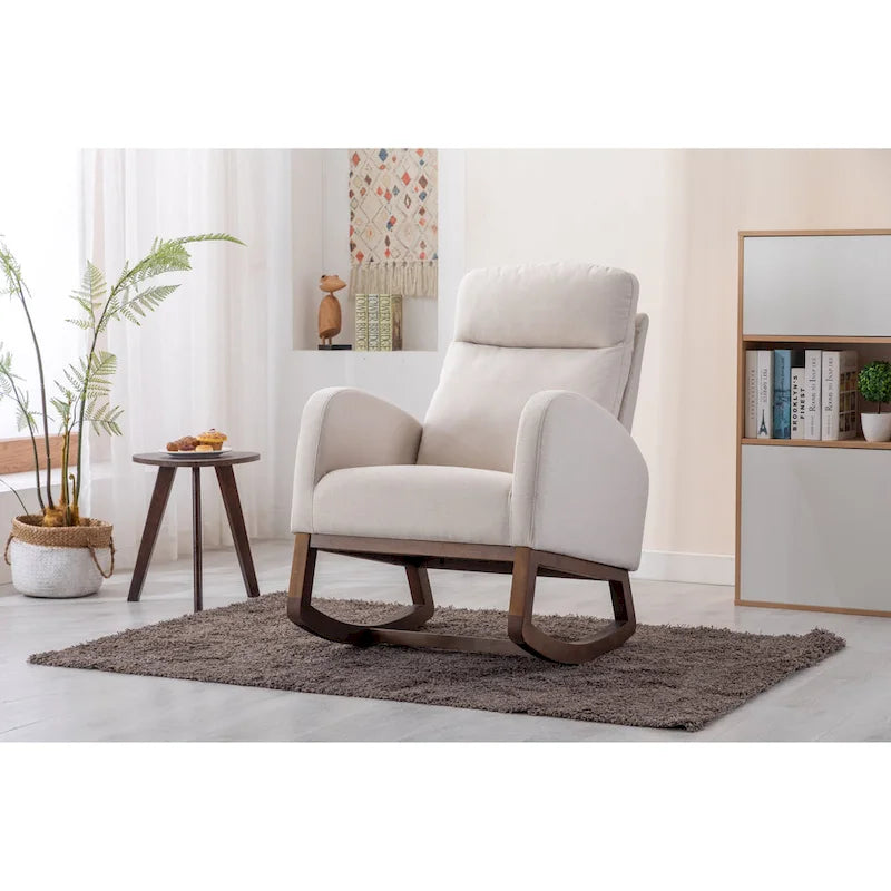 Mid-Century Modern Upholstered Rocking Chair, High Back, Solid Wood Frame, 300 lbs