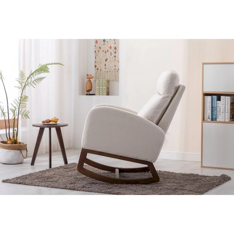 Mid-Century Modern Upholstered Rocking Chair, High Back, Solid Wood Frame, 300 lbs