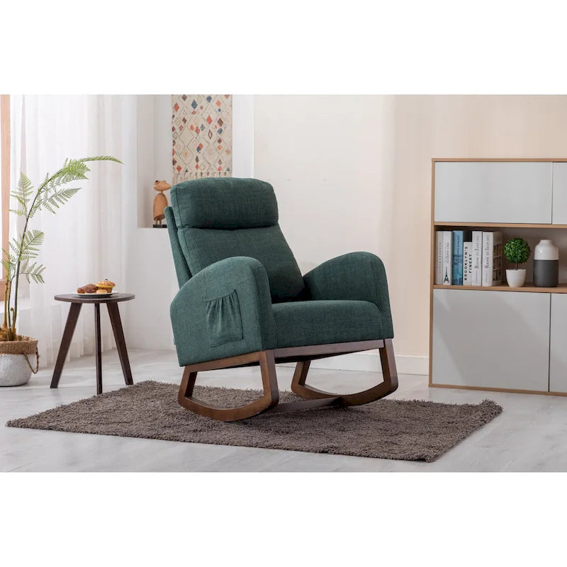 Mid-Century Modern Upholstered Rocking Chair, High Back, Solid Wood Frame, 300 lbs
