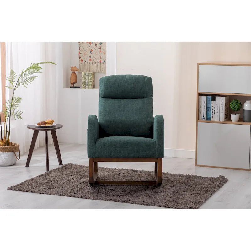 Mid-Century Modern Upholstered Rocking Chair, High Back, Solid Wood Frame, 300 lbs