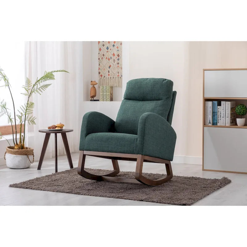 Mid-Century Modern Upholstered Rocking Chair, High Back, Solid Wood Frame, 300 lbs
