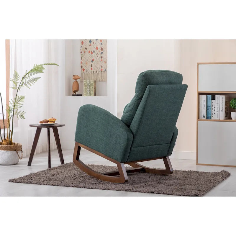 Mid-Century Modern Upholstered Rocking Chair, High Back, Solid Wood Frame, 300 lbs