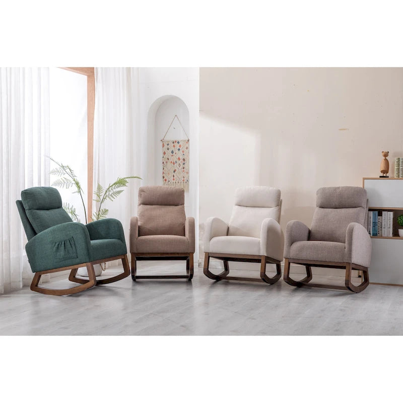 Mid-Century Modern Upholstered Rocking Chair, High Back, Solid Wood Frame, 300 lbs