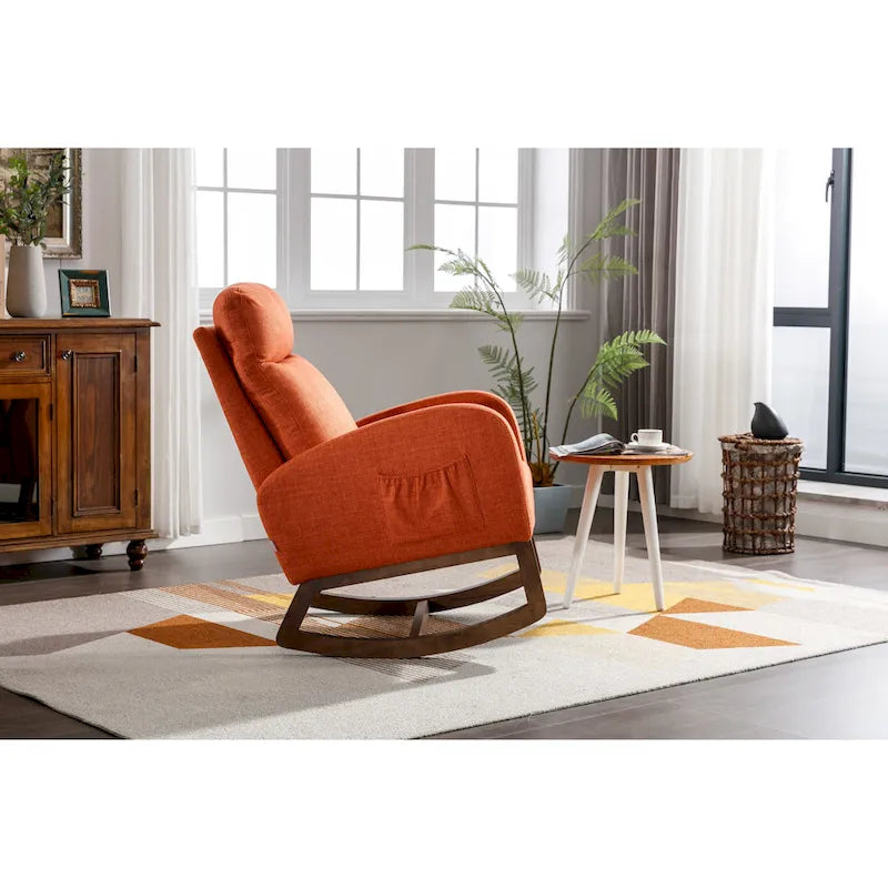 Mid-Century Modern Upholstered Rocking Chair, High Back, Solid Wood Frame, 300 lbs