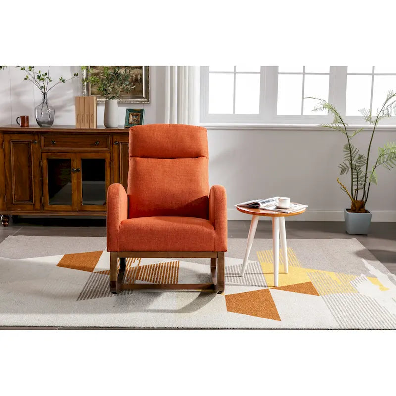 Mid-Century Modern Upholstered Rocking Chair, High Back, Solid Wood Frame, 300 lbs