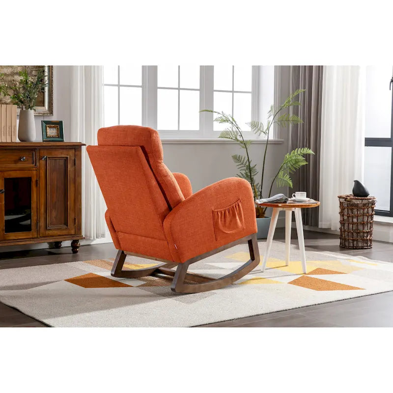 Mid-Century Modern Upholstered Rocking Chair, High Back, Solid Wood Frame, 300 lbs