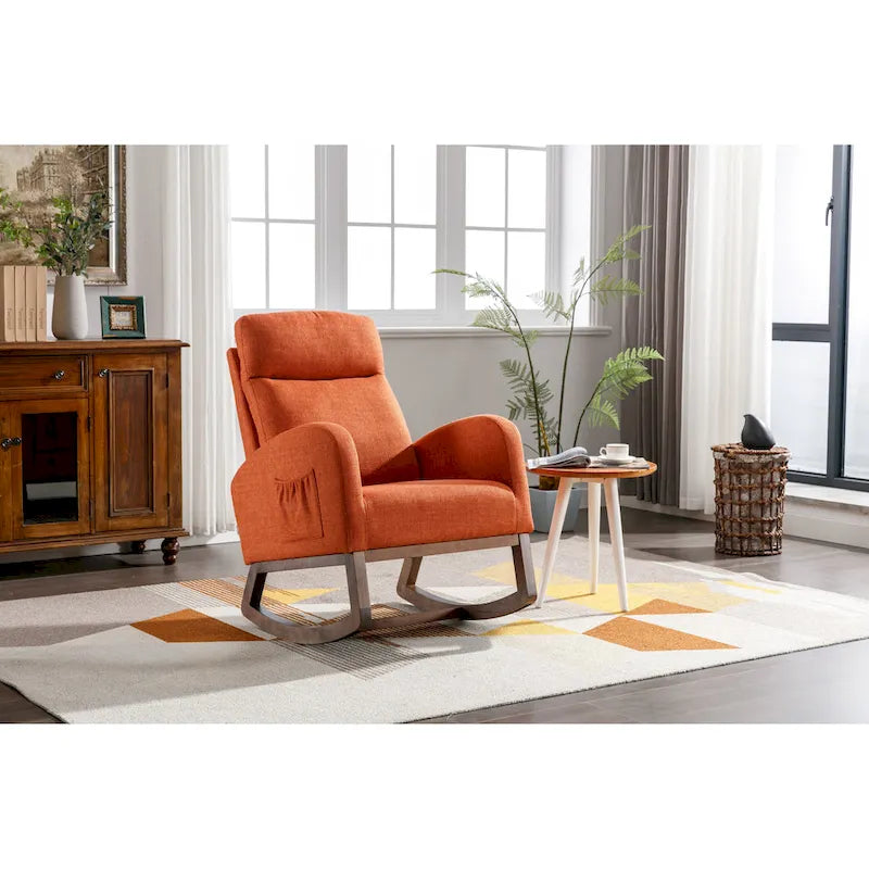 Mid-Century Modern Upholstered Rocking Chair, High Back, Solid Wood Frame, 300 lbs