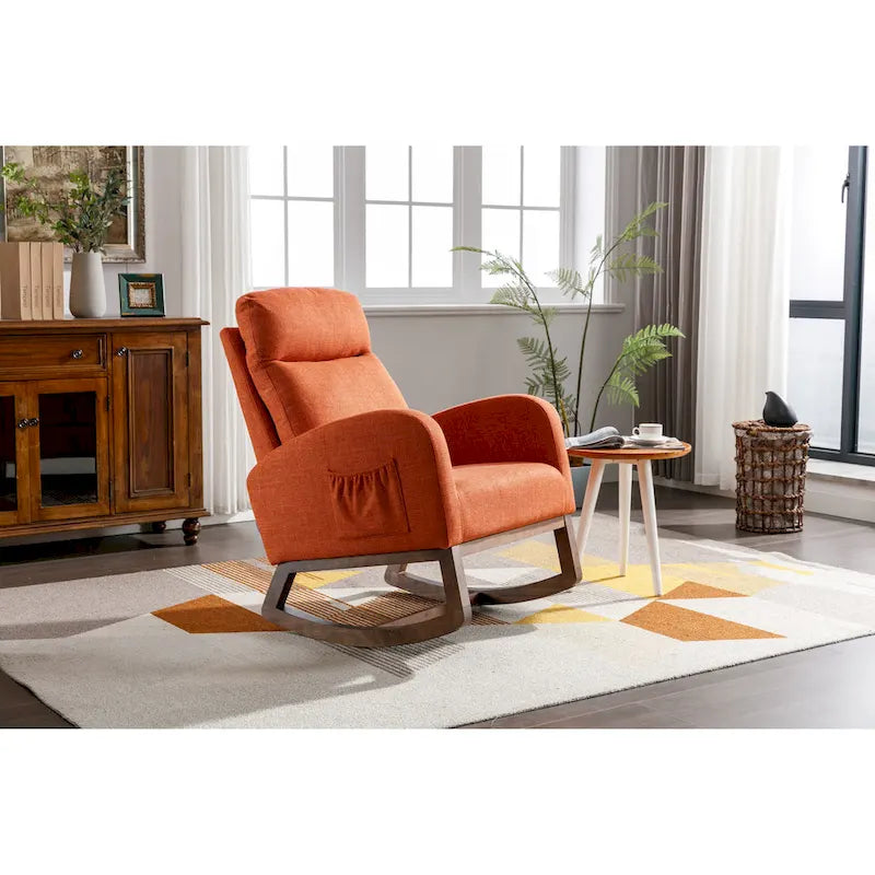 Mid-Century Modern Upholstered Rocking Chair, High Back, Solid Wood Frame, 300 lbs
