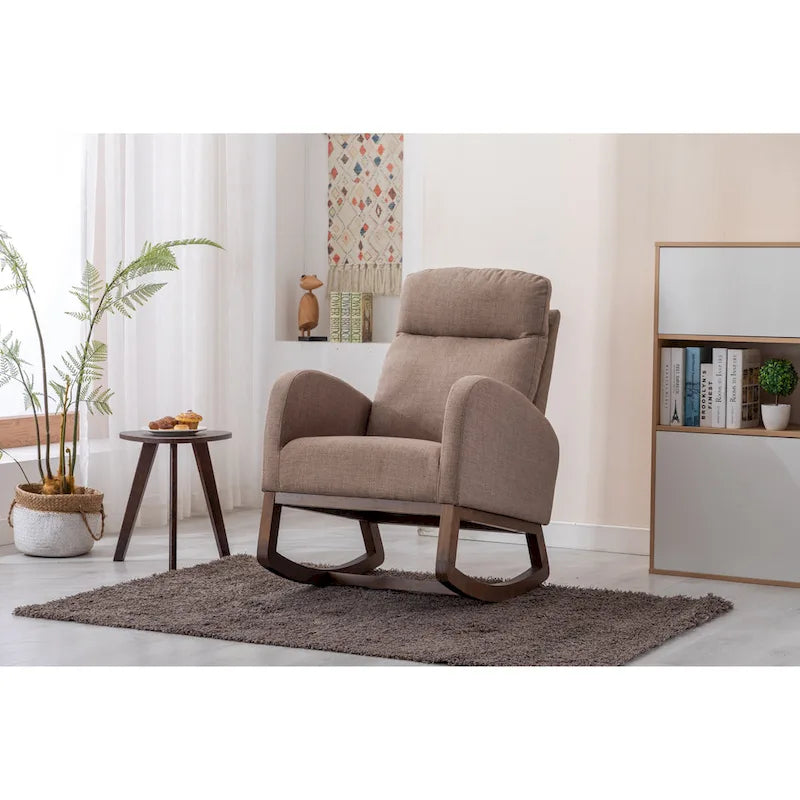Mid-Century Modern Upholstered Rocking Chair, High Back, Solid Wood Frame, 300 lbs