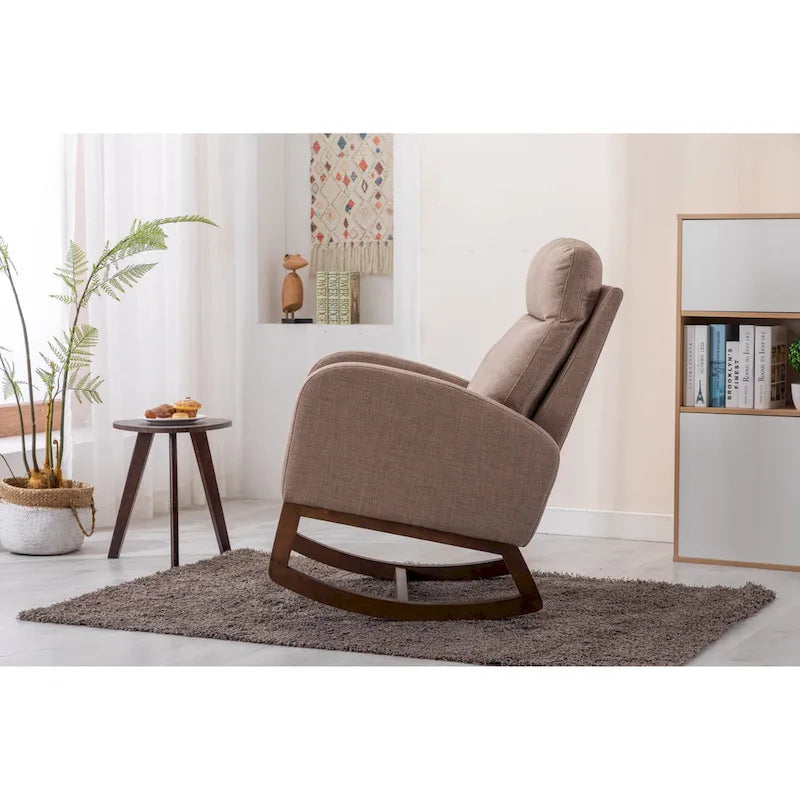 Mid-Century Modern Upholstered Rocking Chair, High Back, Solid Wood Frame, 300 lbs