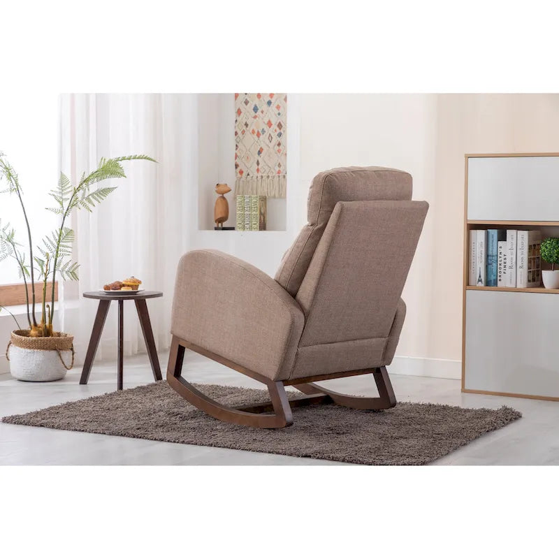 Mid-Century Modern Upholstered Rocking Chair, High Back, Solid Wood Frame, 300 lbs