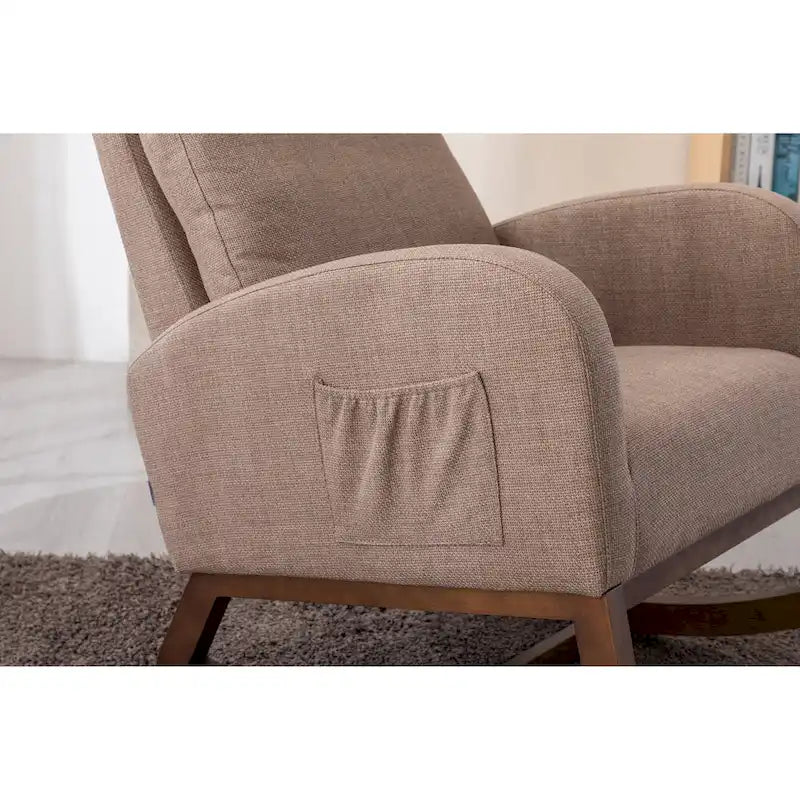 Mid-Century Modern Upholstered Rocking Chair, High Back, Solid Wood Frame, 300 lbs