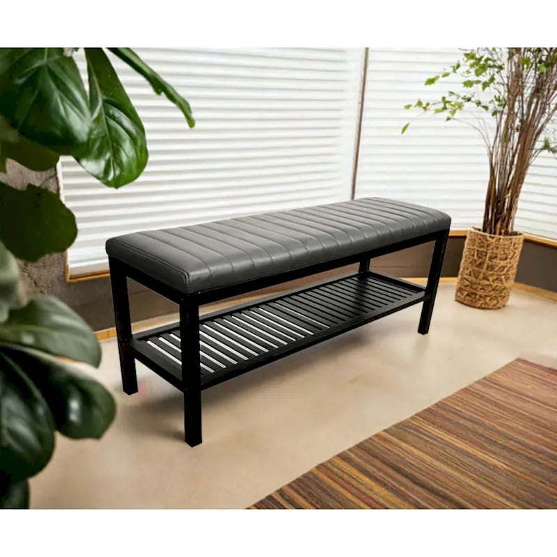 40" Solid Bamboo Entryway Bench with Ribbed Padded Cushion & Storage Shelf, Eco-Friendly