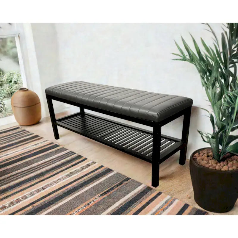40" Solid Bamboo Entryway Bench with Ribbed Padded Cushion & Storage Shelf, Eco-Friendly