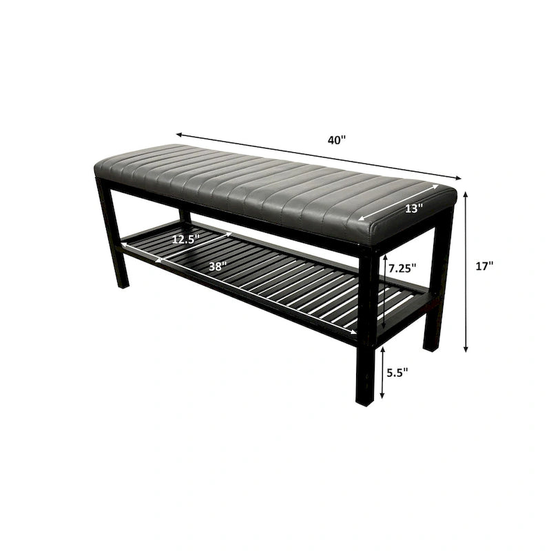 40" Solid Bamboo Entryway Bench with Ribbed Padded Cushion & Storage Shelf, Eco-Friendly