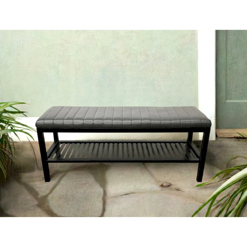 40" Solid Bamboo Entryway Bench with Ribbed Padded Cushion & Storage Shelf, Eco-Friendly