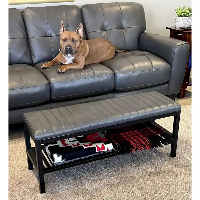 40" Solid Bamboo Entryway Bench with Ribbed Padded Cushion & Storage Shelf, Eco-Friendly
