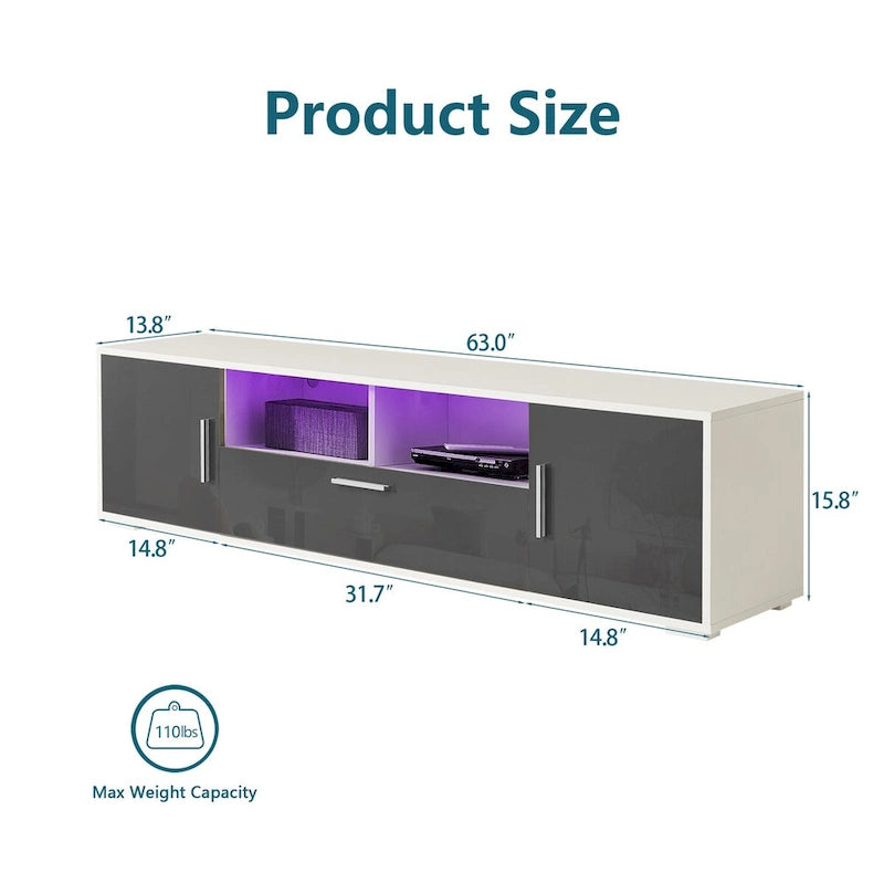 Modern 63" TV Stand with RGB LED Lights & Remote, Fits 65" TV, 110 lbs Capacity