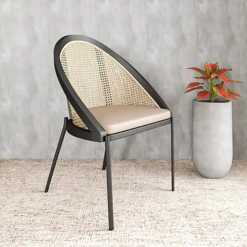 Modern Dining Chair with Faux Leather Seat & Wicker Back