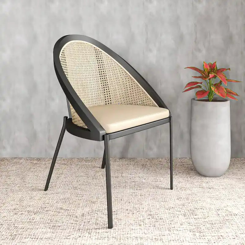 Modern Dining Chair with Faux Leather Seat & Wicker Back