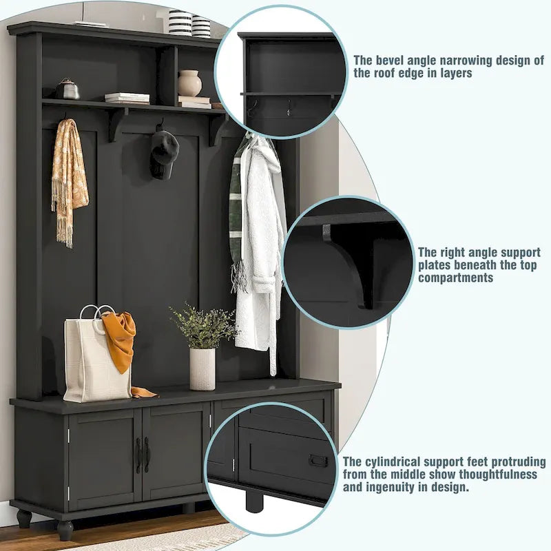 Modern Style Hall Tree with Storage Cabinet and 2 Large Drawers,Widen Mudroom Bench with 5 Coat Hooks