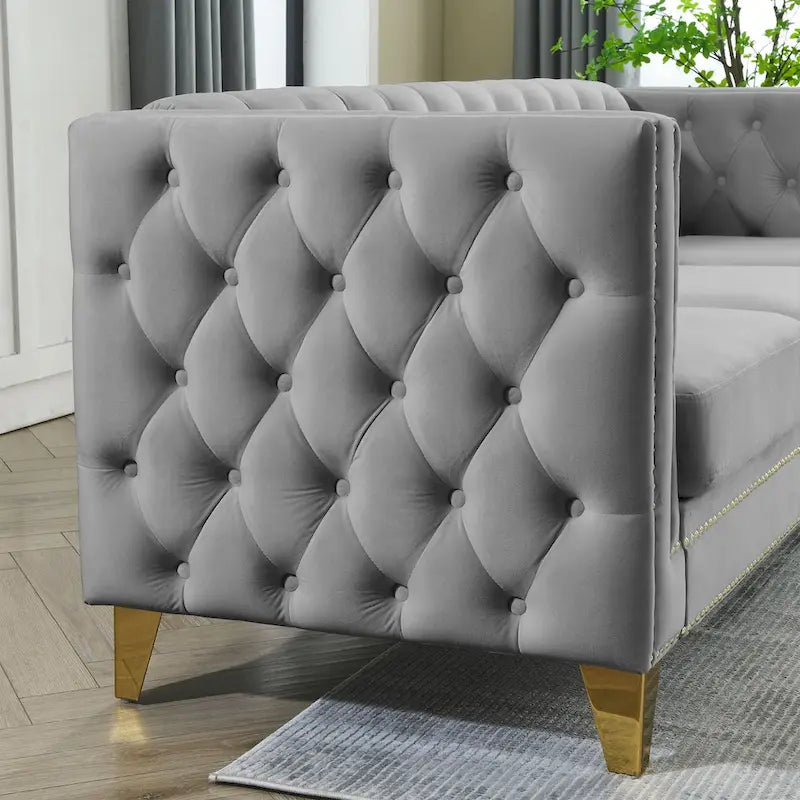 Velvet Sofa for Living Room,Buttons Tufted Square Arm Couch, Modern Couch Upholstered Button and Metal Legs