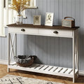 47" Farmhouse Console Table with Drawer & Slatted Shelf, White & Natural Wood, Entryway Foyer