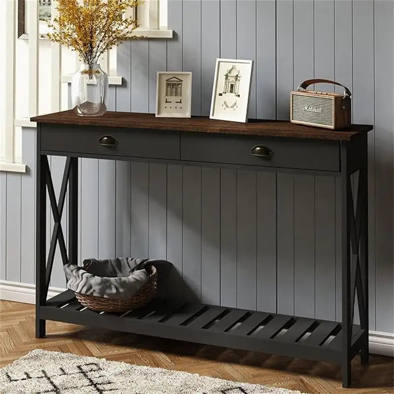 47" Farmhouse Console Table with Drawer & Slatted Shelf, White & Natural Wood, Entryway Foyer
