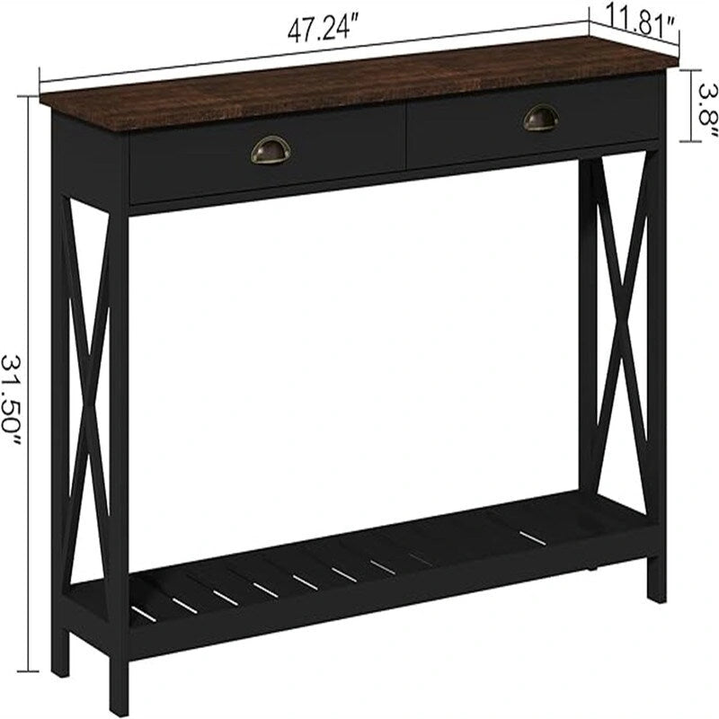 47" Farmhouse Console Table with Drawer & Slatted Shelf, White & Natural Wood, Entryway Foyer