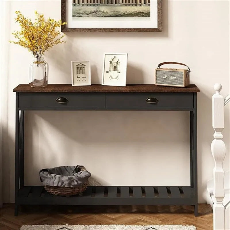 47" Farmhouse Console Table with Drawer & Slatted Shelf, White & Natural Wood, Entryway Foyer