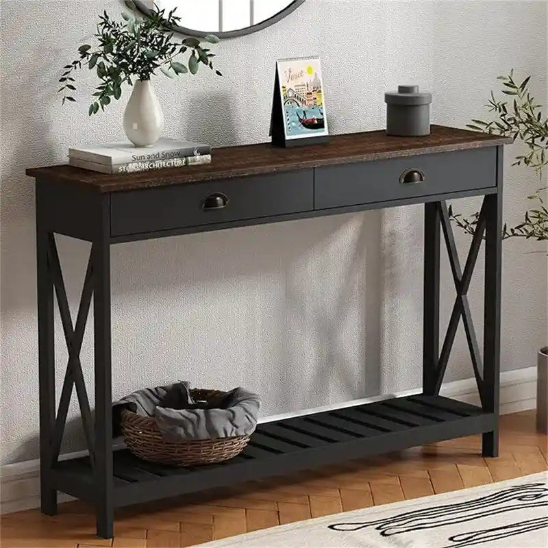 47" Farmhouse Console Table with Drawer & Slatted Shelf, White & Natural Wood, Entryway Foyer