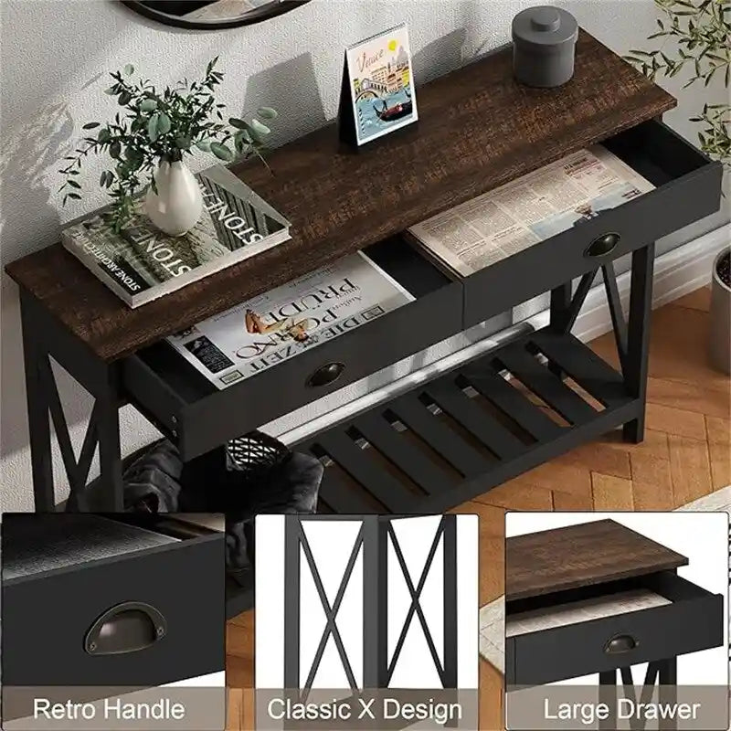 47" Farmhouse Console Table with Drawer & Slatted Shelf, White & Natural Wood, Entryway Foyer